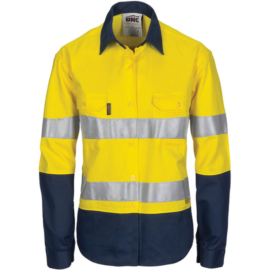 Ladies HiVis 3 Way Cool-Breeze Cotton Shirt with Gusset Sleeve, CSR R/Tape - Long Sleeve