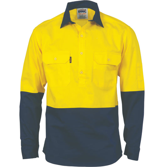 HiVis Two Tone Close Front Cotton Drill Shirt with Gusset Sleeve - Long Sleeve