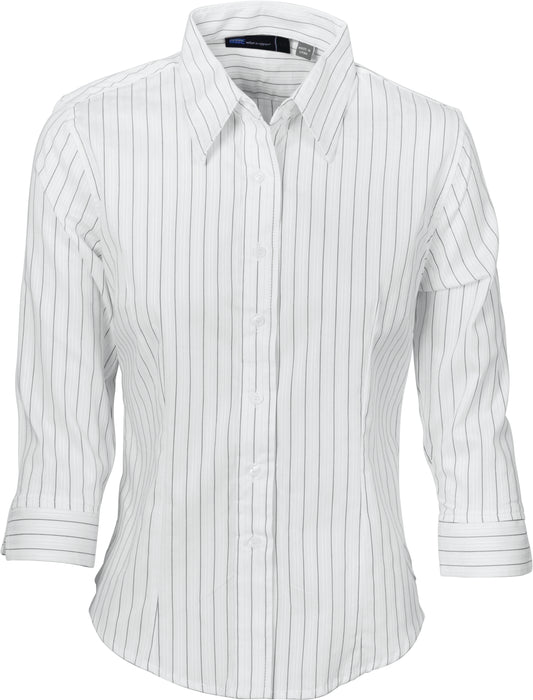Ladies Stretch Yarn Dyed Contrast Stripe Sh irts - 3/4 Sleeve