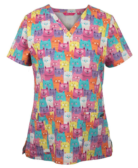 JB's LADIES SCRUB TOP PRINTED CAT - 06