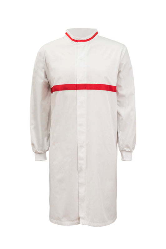 FOOD INDUSTRY LONG LENGTH DUSTCOAT WITH MANDARIN COLLAR, CONTRAST TRIMS ON COLLAR AND CHEST