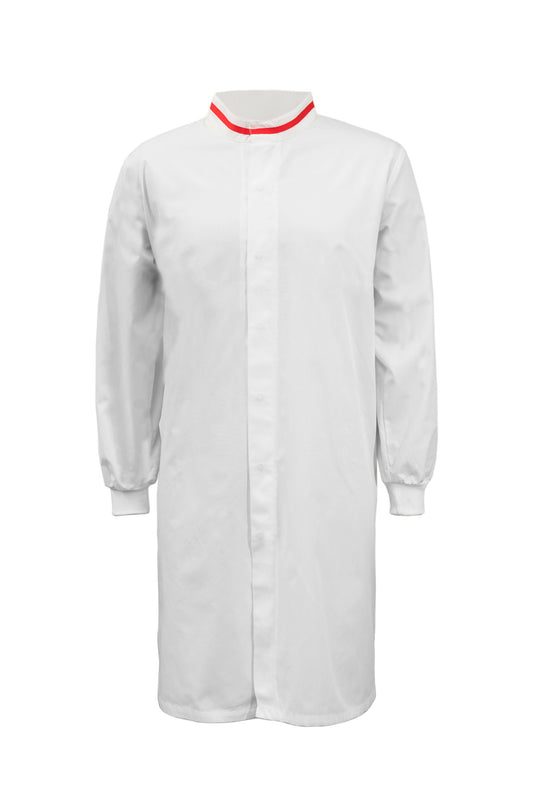 FOOD INDUSTRY LONG LENGTH DUSTCOAT WITH MANDARIN COLLAR, CONTRAST TRIMS ON COLLAR